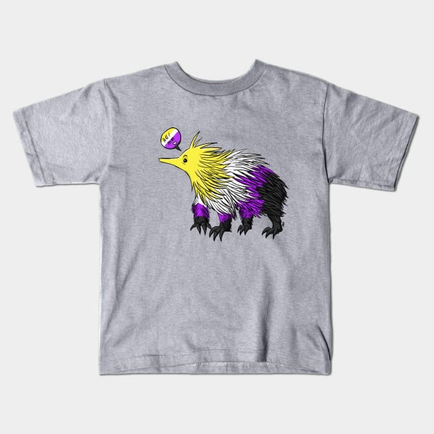 Non Binary Echidna He/Him Pronouns Kids T-Shirt by manicgremlin